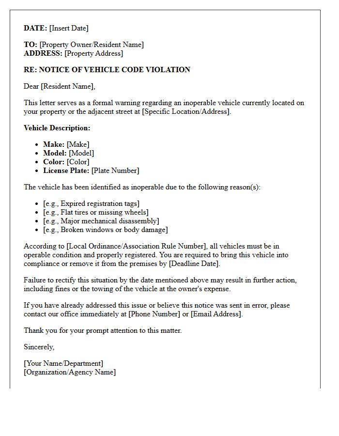 Initial Inoperable Vehicle Warning Letter