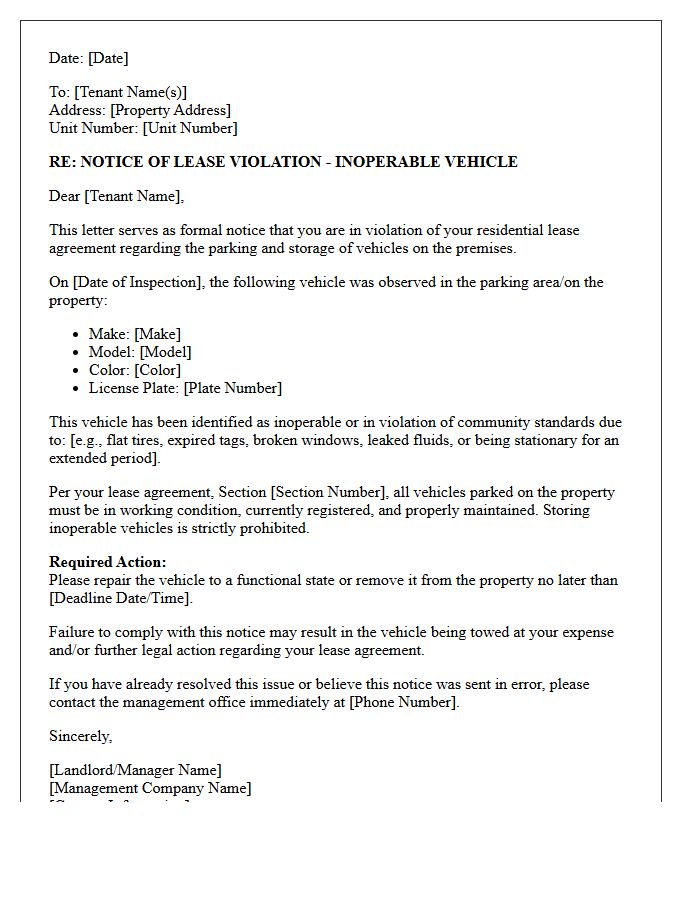 Lease Violation for Inoperable Vehicle Letter