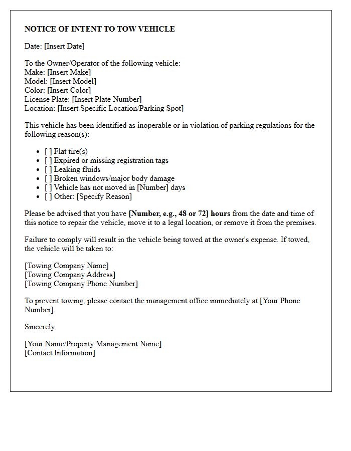 Notice of Towing for Inoperable Vehicle Letter