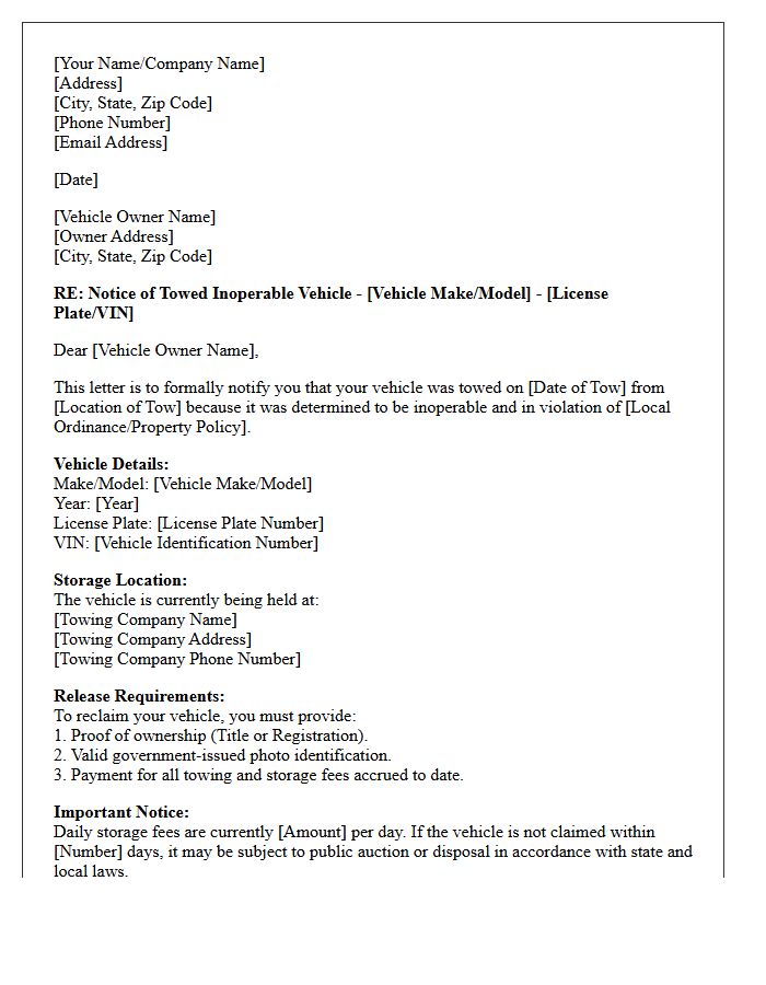 Post-Tow Inoperable Vehicle Information Letter
