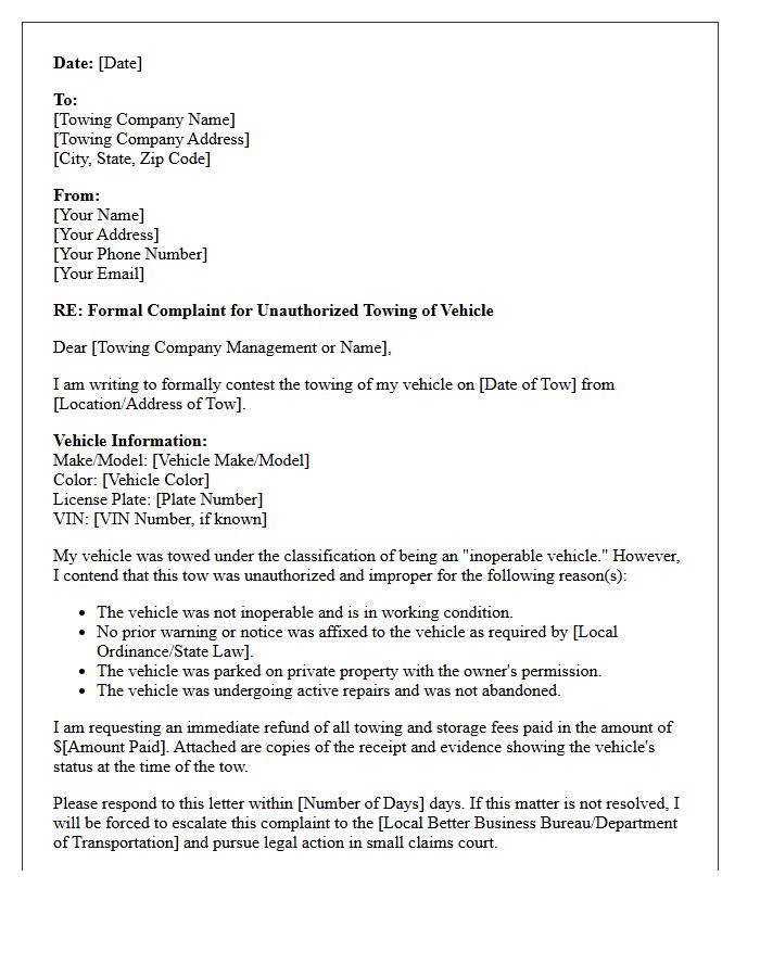 Unauthorized Inoperable Vehicle Towing Letter