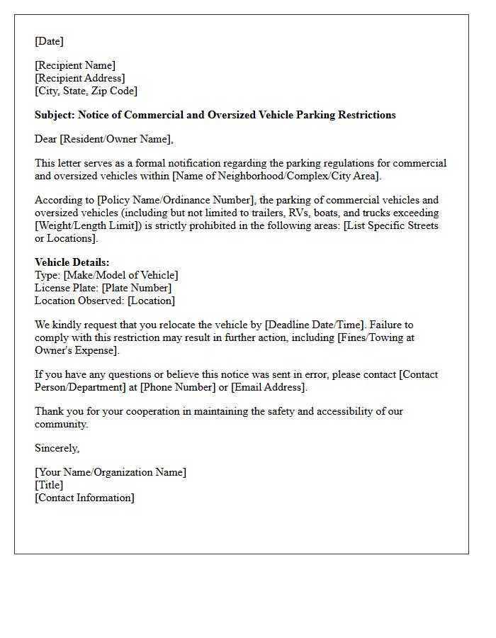 Commercial and Oversized Vehicle Parking Restriction Letter