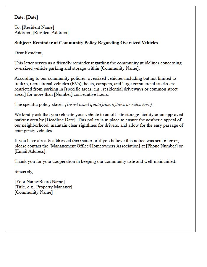 Community Policy Reminder Letter for Oversized Vehicle Restrictions