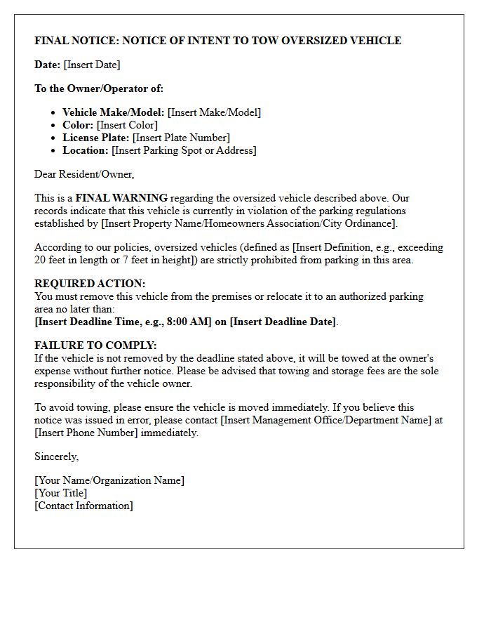 Final Warning Letter Before Towing Oversized Vehicles