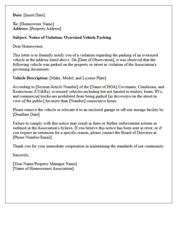 Homeowners Association Letter Regarding Oversized Vehicle Parking