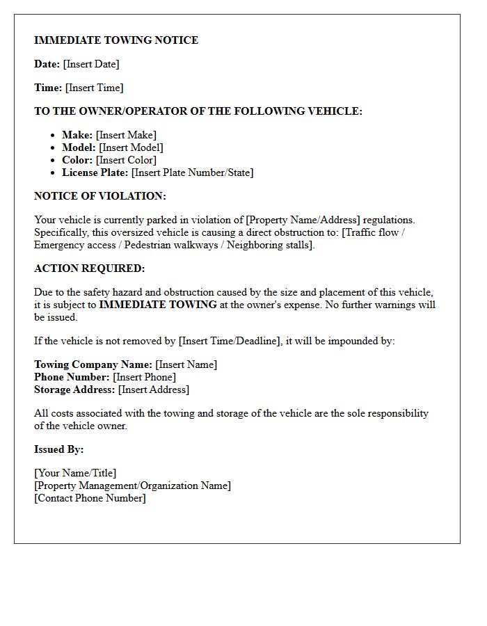 Immediate Towing Notice Letter for Obstructing Oversized Vehicles