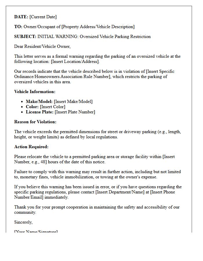 Initial Warning Letter for Oversized Vehicle Parking Restriction
