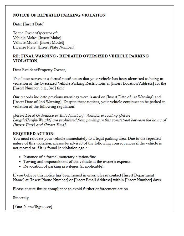 Repeat Offender Letter for Oversized Vehicle Parking Restriction