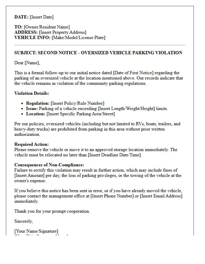Second Notice Letter for Oversized Vehicle Parking Violation
