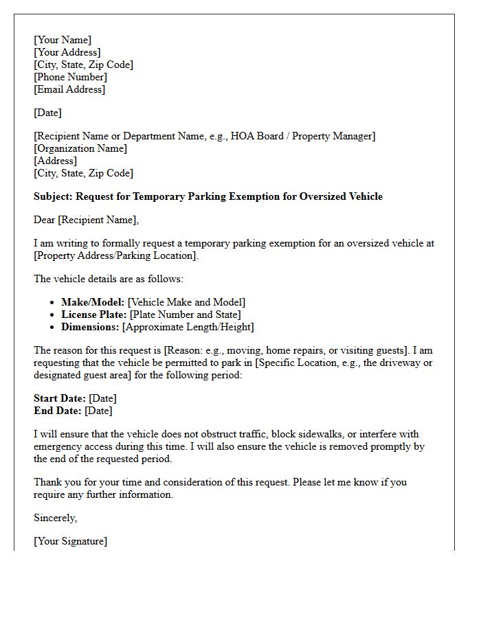 Temporary Exemption Letter for Oversized Vehicle Parking