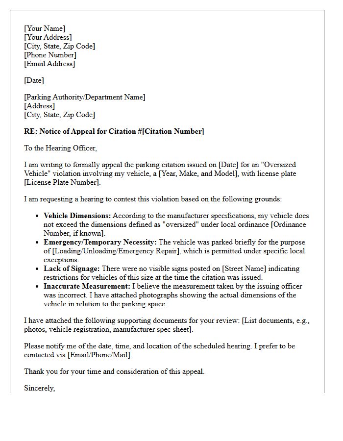 Violation Appeal Hearing Letter for Oversized Vehicle Parking
