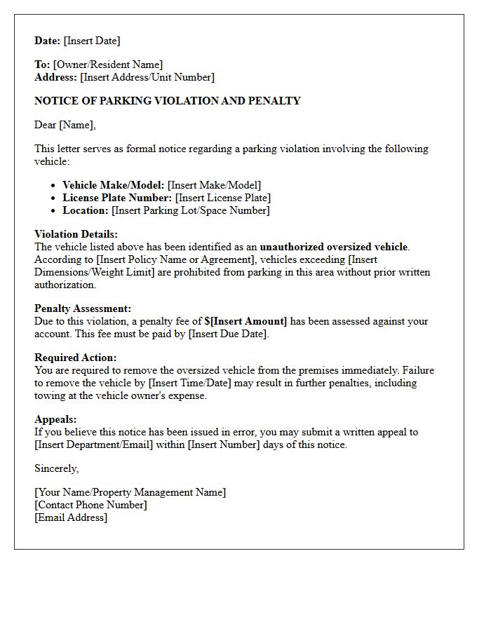 Violation Penalty Letter for Unauthorized Oversized Vehicle Parking