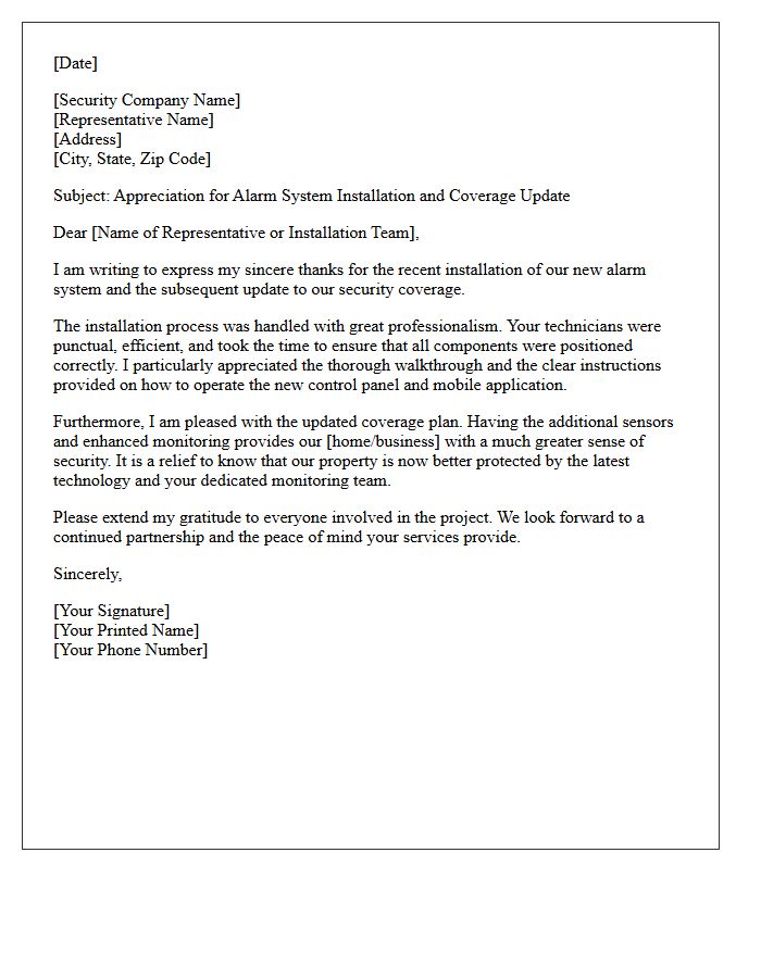 Alarm System Installation And Coverage Update Appreciation Letter