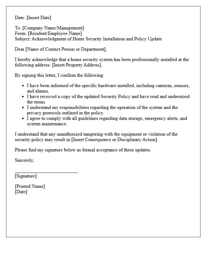 Home Security Installation And Policy Update Acknowledgment Letter
