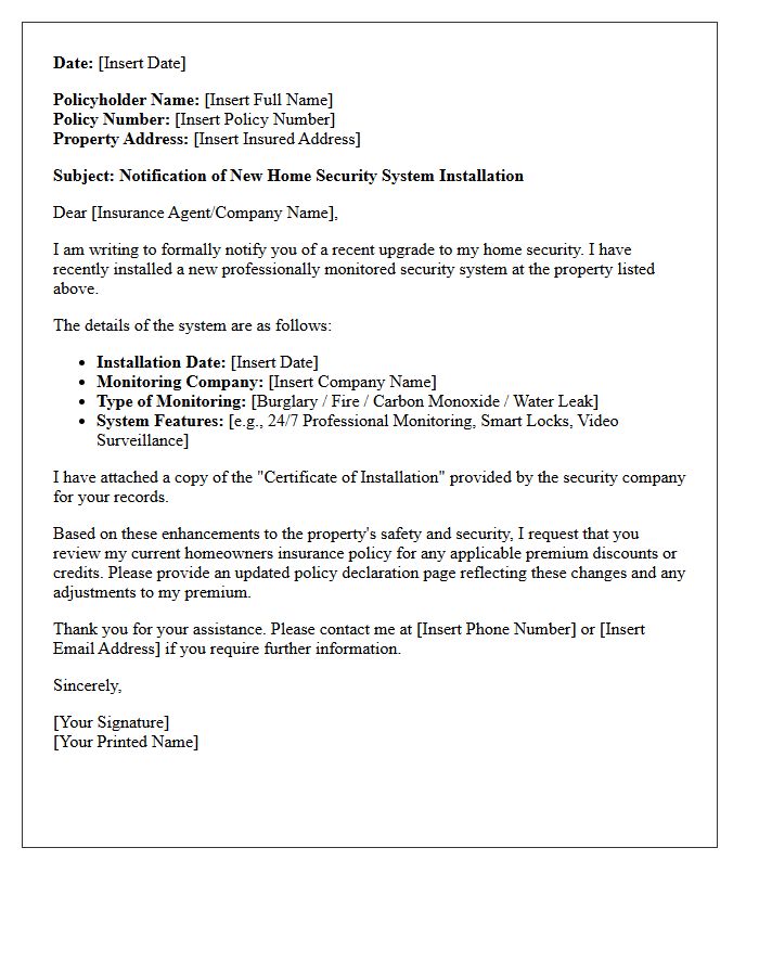 Policy Modification Letter For New Home Security Systems