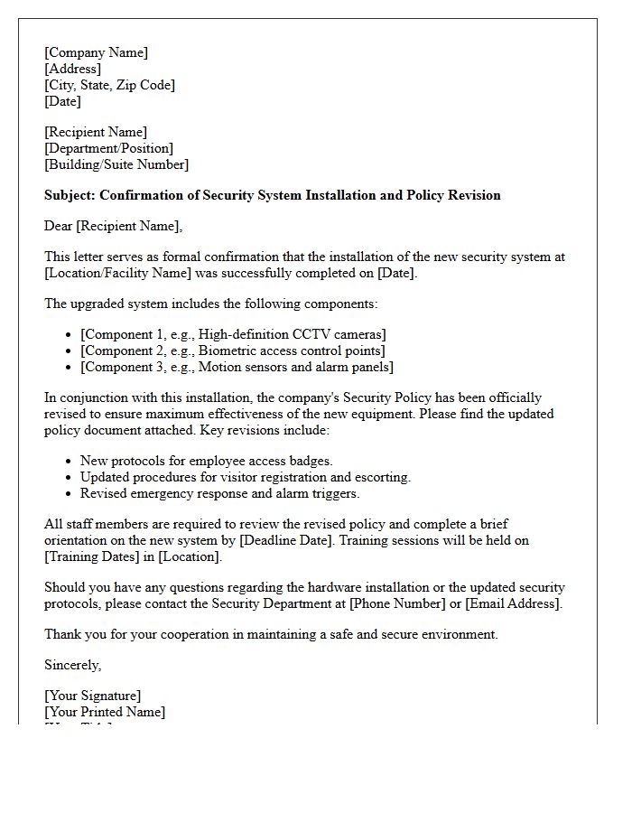 Security System Installation And Policy Revision Confirmation Letter