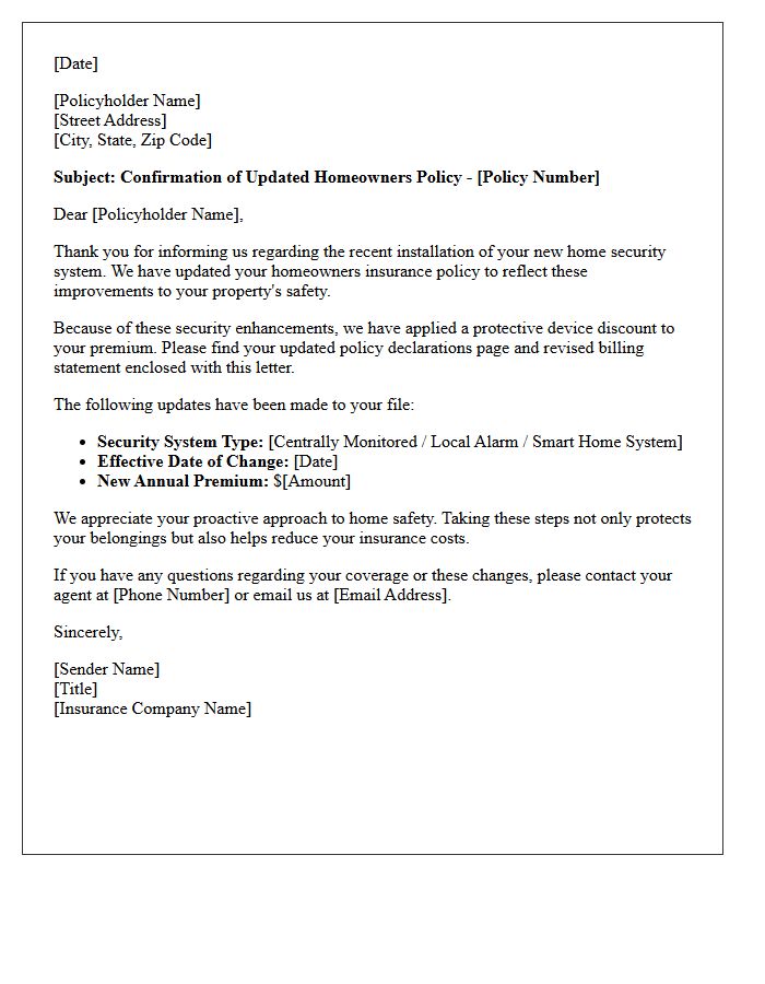 Updated Homeowners Policy And Security Installation Thank You Letter