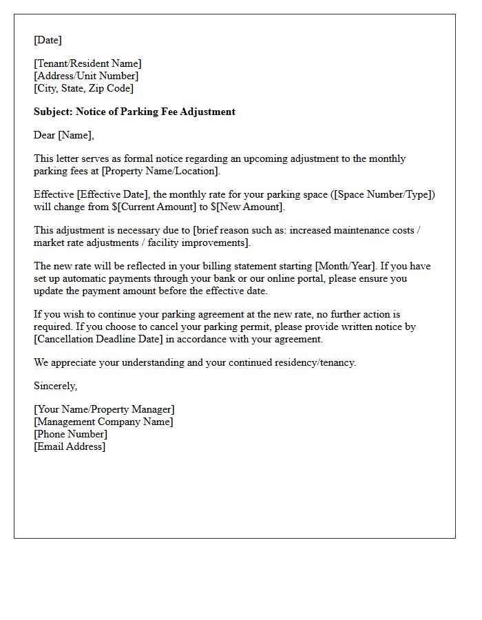 Advance Notice Parking Fee Adjustment Letter