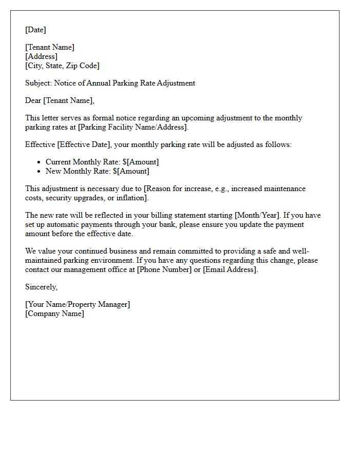 Annual Parking Rate Adjustment Notice Letter