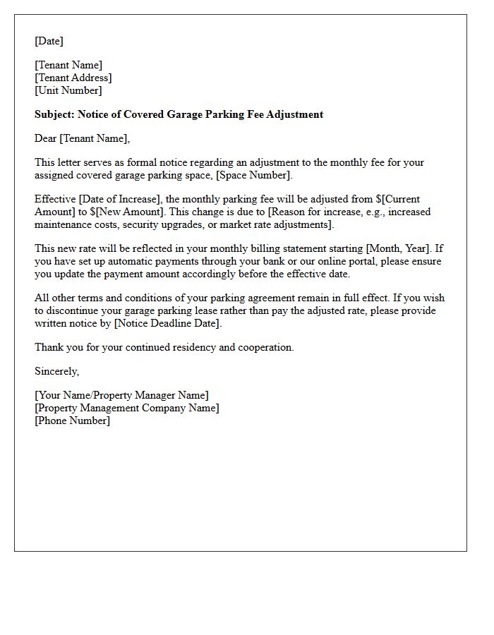 Covered Garage Parking Fee Adjustment Letter