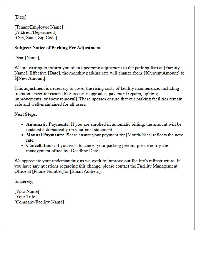 Facility Maintenance Parking Fee Adjustment Letter