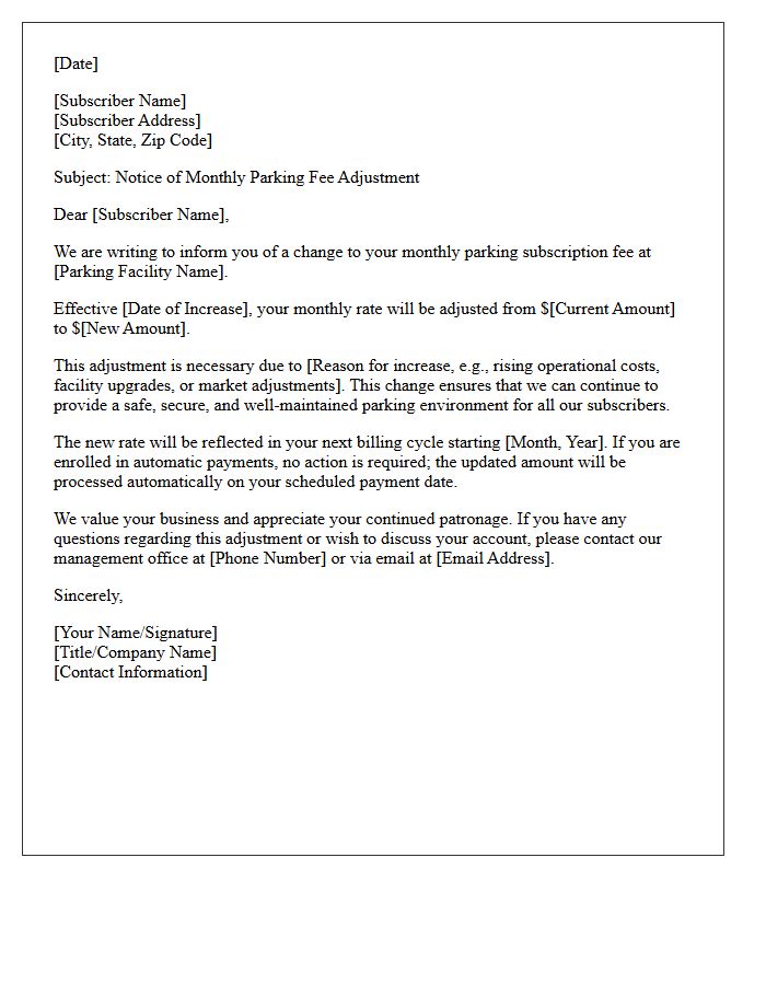 Monthly Subscriber Parking Fee Adjustment Letter