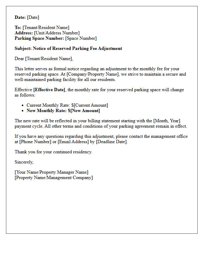 Reserved Space Parking Fee Adjustment Letter