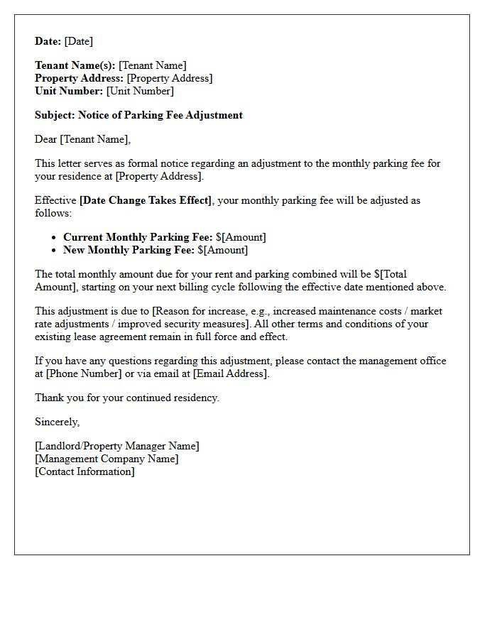 Residential Tenant Parking Fee Adjustment Letter