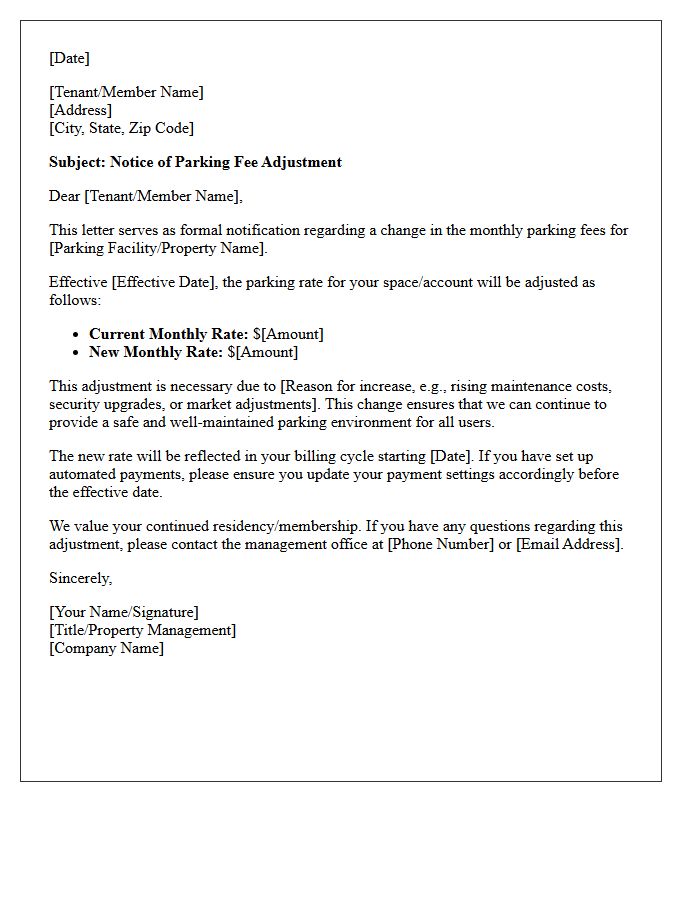 Standard Parking Fee Adjustment Notice Letter