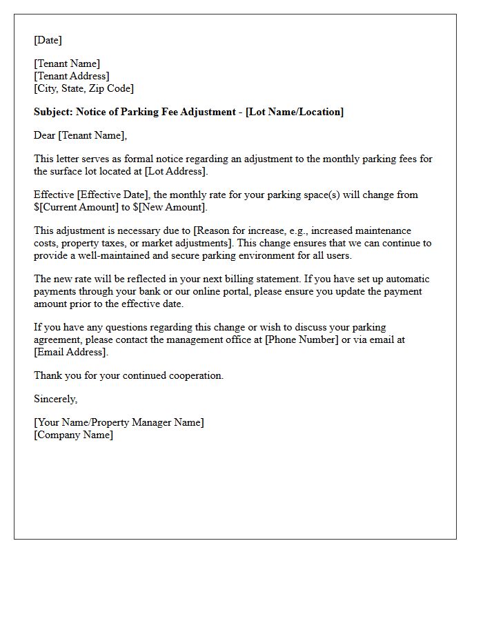 Surface Lot Parking Fee Adjustment Letter