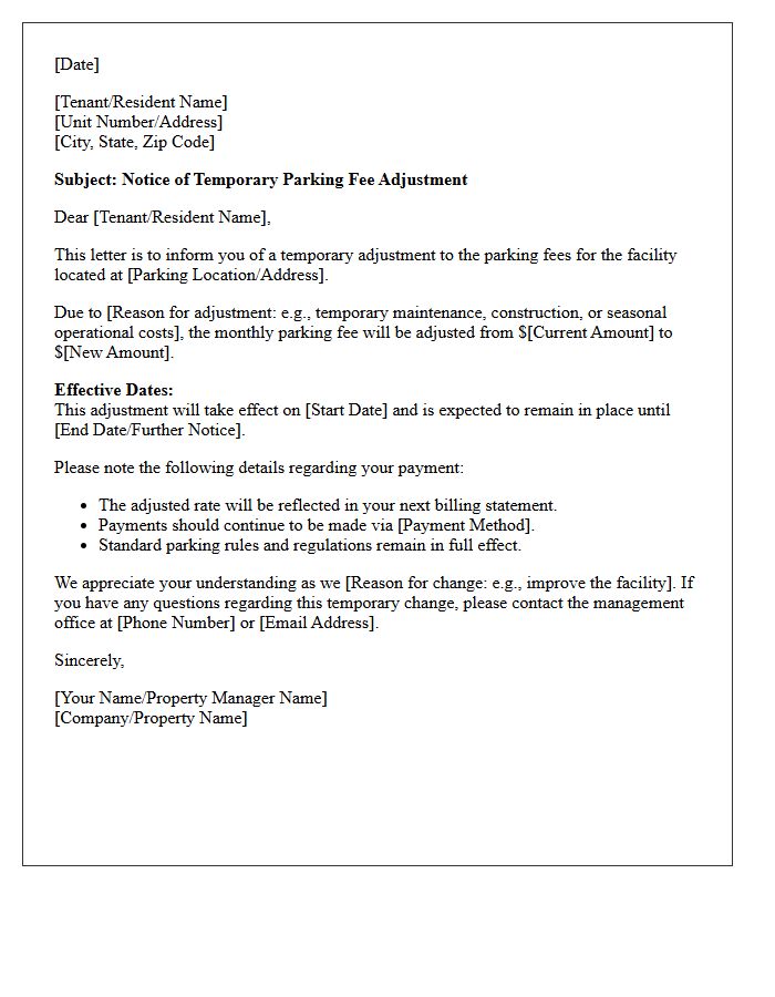 Temporary Parking Fee Adjustment Letter