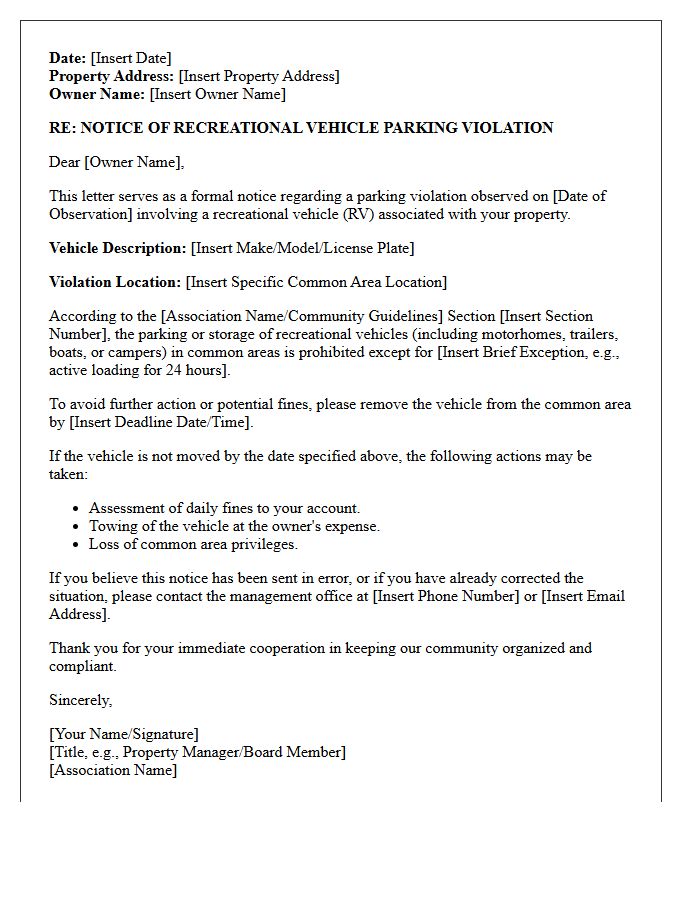 Common Area Recreational Vehicle Parking Violation Letter