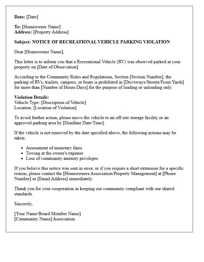 Community Rules Recreational Vehicle Parking Violation Letter