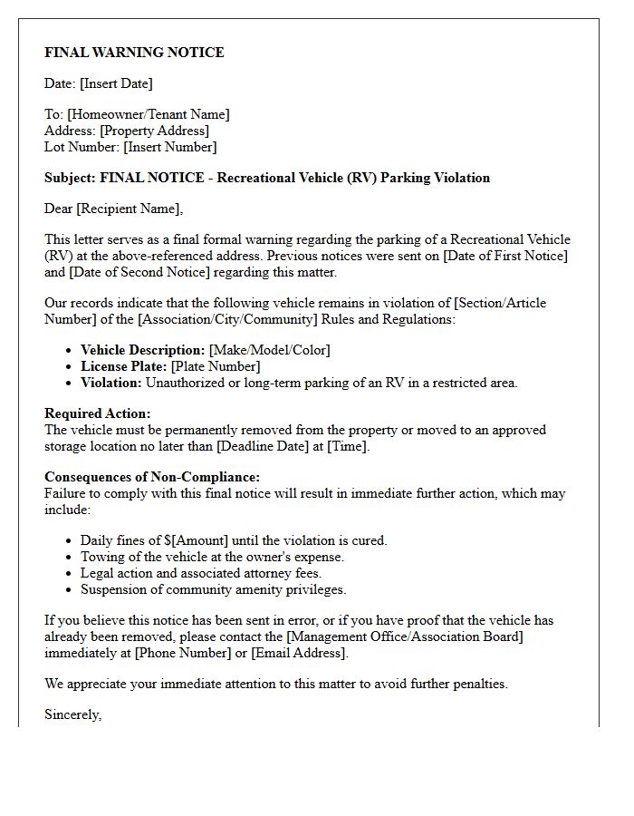 Final Warning Recreational Vehicle Parking Violation Letter