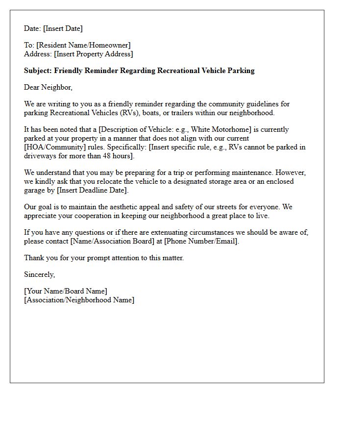 Friendly Reminder Recreational Vehicle Parking Violation Letter