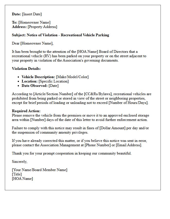 Homeowners Association Recreational Vehicle Parking Violation Letter