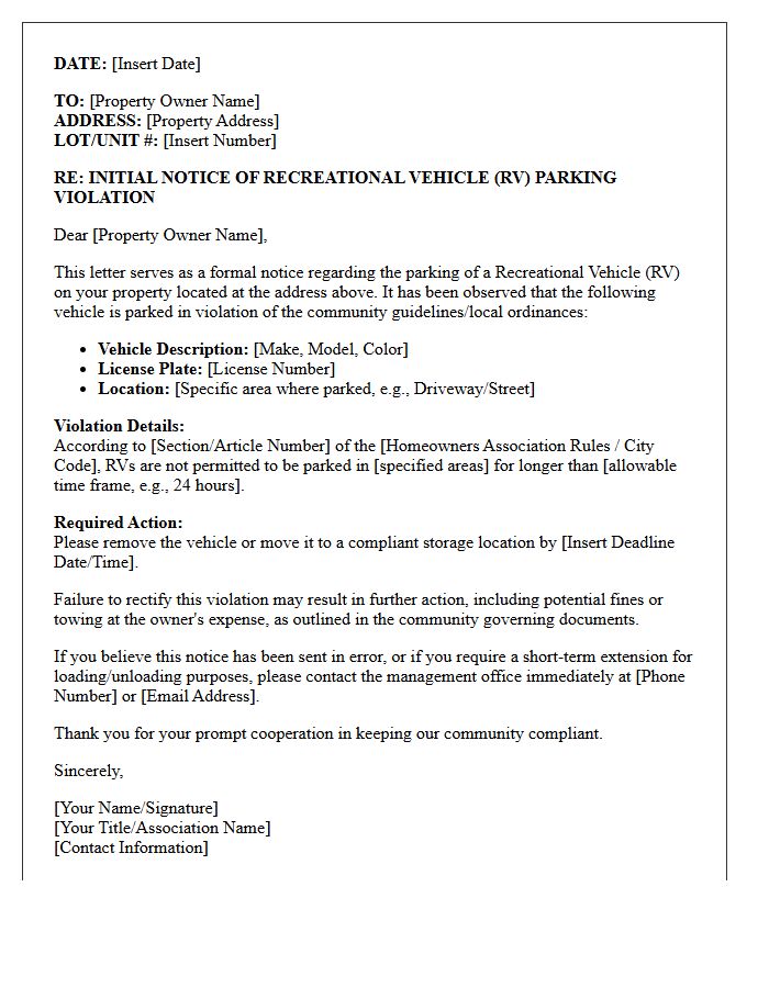 Initial Recreational Vehicle Parking Violation Notice Letter