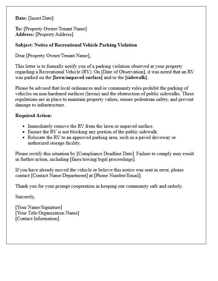 Lawn and Sidewalk Recreational Vehicle Parking Violation Letter