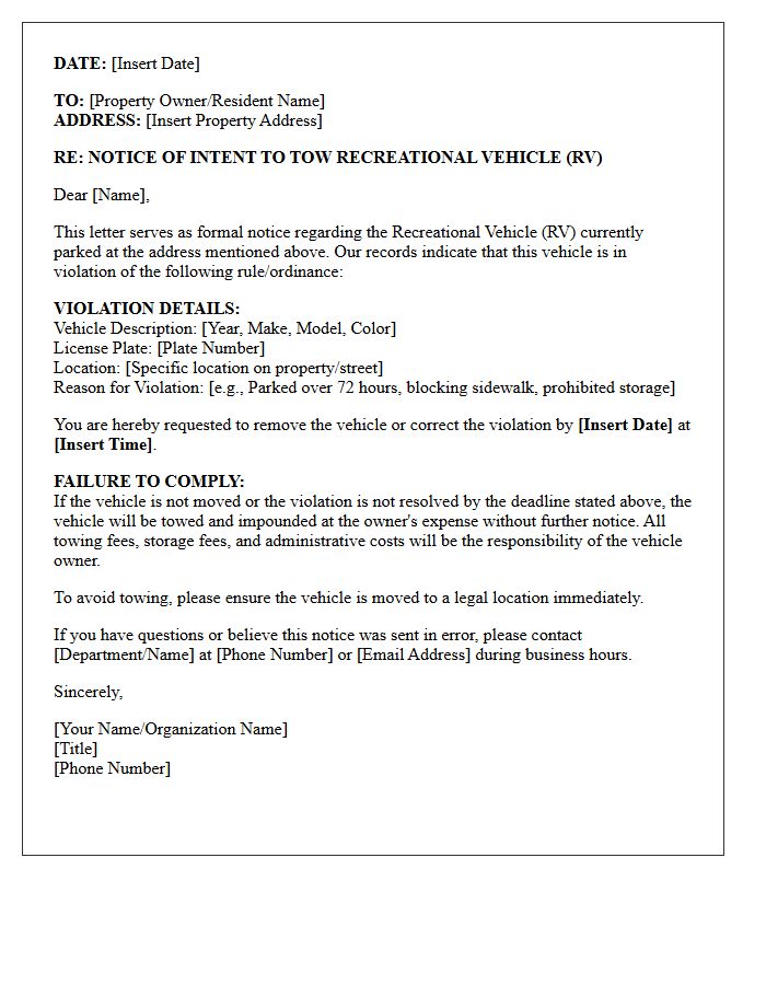 Notice of Intent to Tow Recreational Vehicle Violation Letter