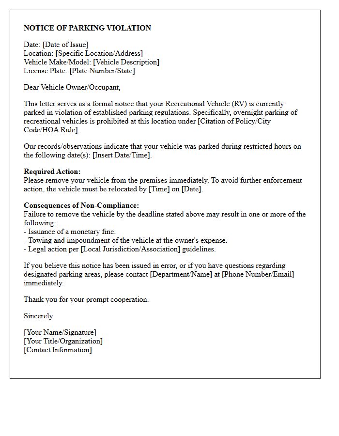 Overnight Recreational Vehicle Parking Violation Notice Letter