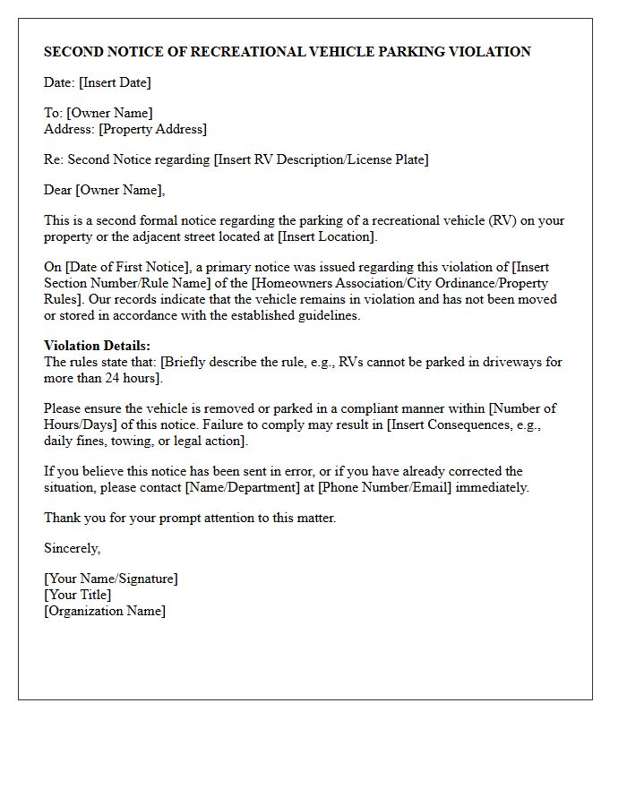 Second Notice of Recreational Vehicle Parking Violation Letter