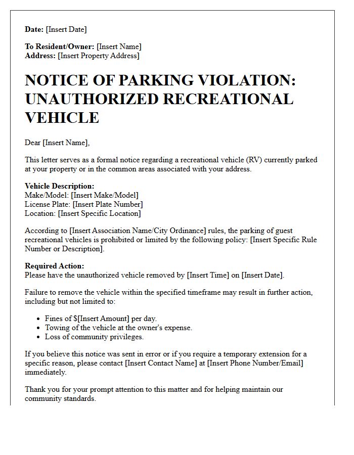 Unauthorized Guest Recreational Vehicle Parking Violation Letter