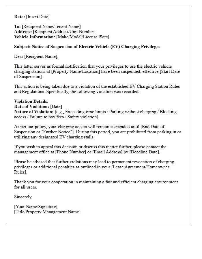 Charging Privileges Suspension Electric Vehicle Charging Station Violation Letter