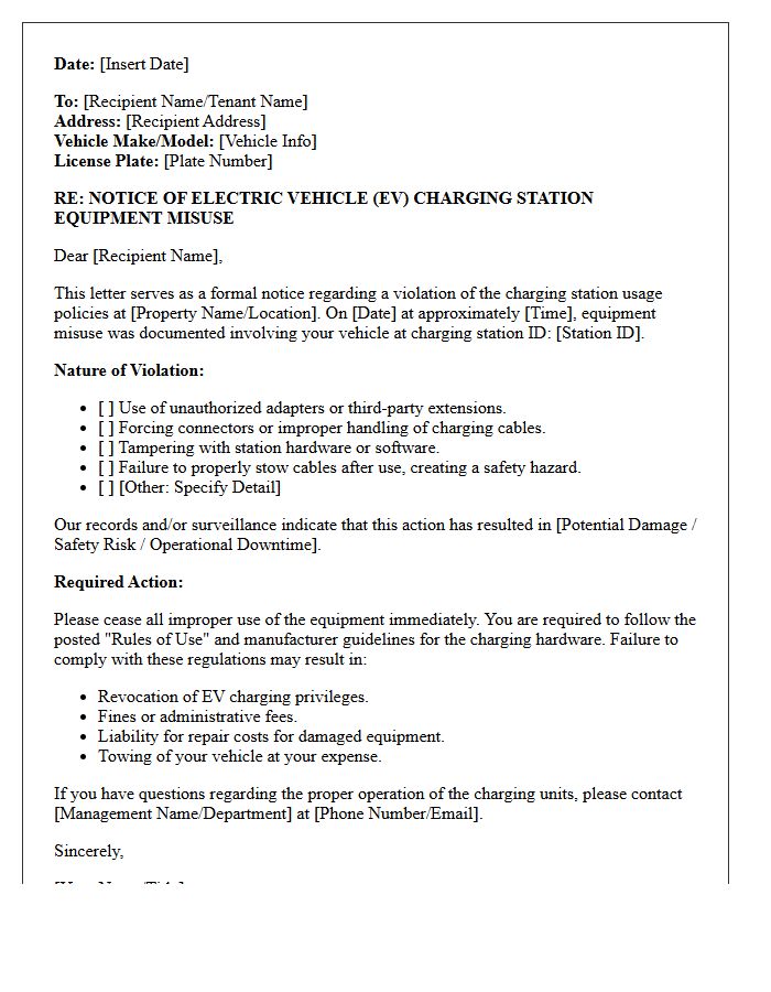 Equipment Misuse Electric Vehicle Charging Station Violation Letter