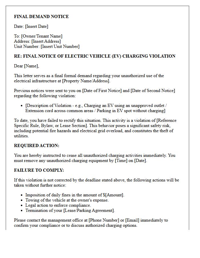 Final Demand Electric Vehicle Charging Station Violation Letter