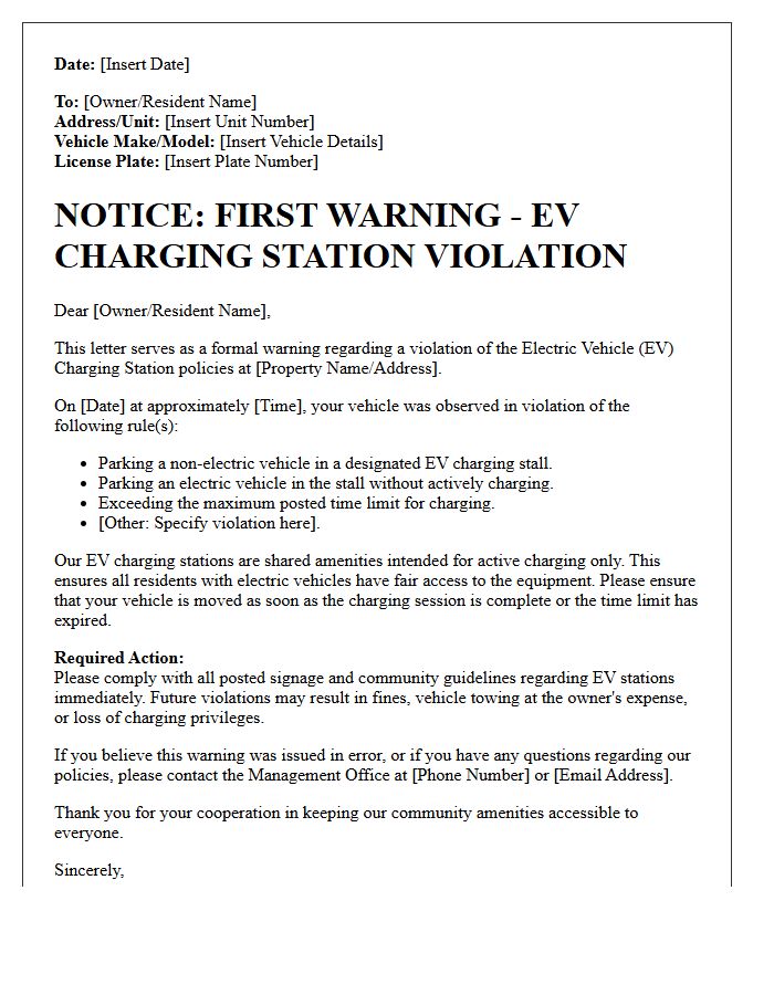 First Warning Electric Vehicle Charging Station Violation Letter