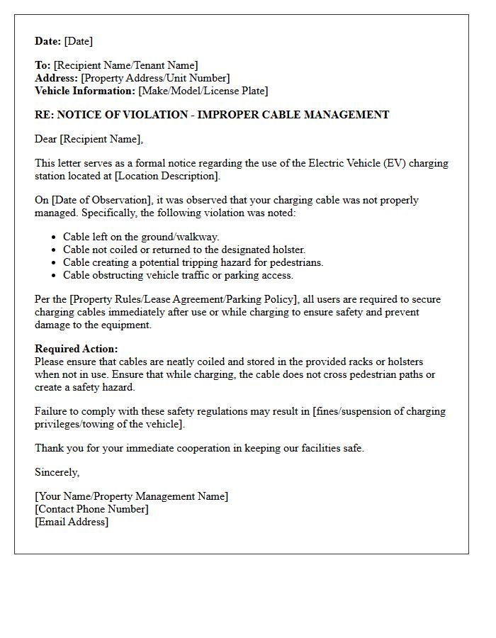 Improper Cable Management Electric Vehicle Charging Station Violation Letter