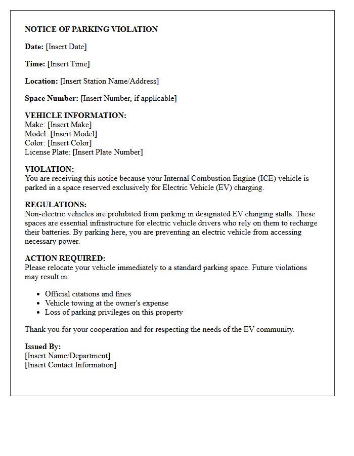 Internal Combustion Engine Parking Electric Vehicle Charging Station Violation Letter