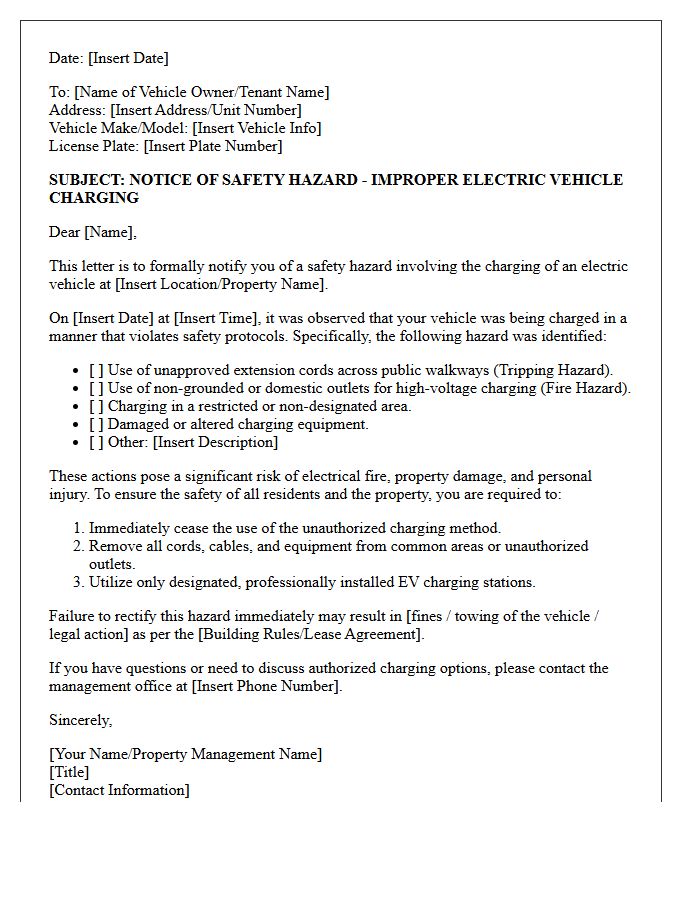 Safety Hazard Electric Vehicle Charging Station Violation Letter