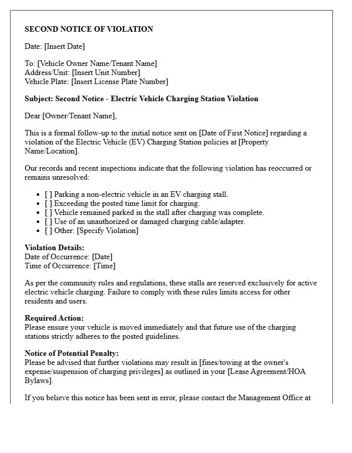 Second Notice Electric Vehicle Charging Station Violation Letter